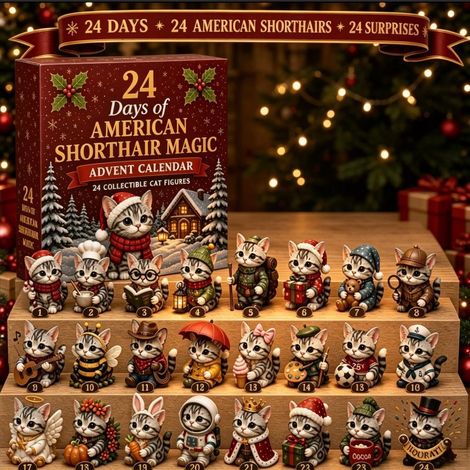 Adventskalender 2026 – 24-teilig – grau, weiß, rot – Acryl – 28 x 20 cm – Christbaumschmuck mit Motiven einer Amerikanischen Kurzhaarkatze – Christbaumschmuck – geeignet als Weihnachtsgeschenk und zur (1/5)