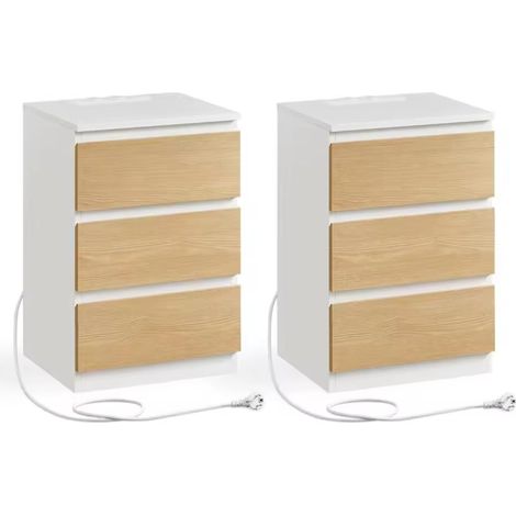 ORION91oficial® - Mesita de Noche con Estación de Carga, Mesa Auxiliar con 3 Cajones, 2 Tomas CA, 2 Puertos USB, para Salón, Dormitorio, Estudio, Moderno  Color Blanco/Roble - spaziOrion91