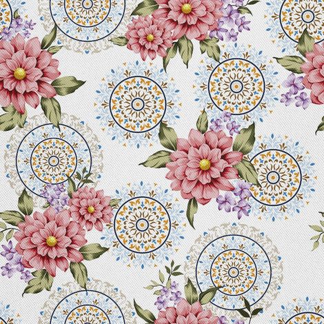 Tela decorativa para exteriores estilo oxford con estampado de flores rosas y moradas. (1/5)