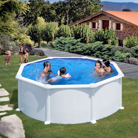 GRE – Piscine hors sol ronde acier Ø3,70m x H: 1,32m – Filtration à sable 5m³/h – Volume 11,25m³ – Échelle de sécurité incluse (1/5)