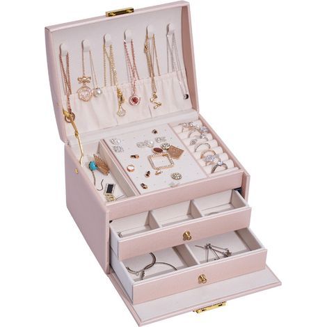 Schmuckkästchen für Damen und Mädchen (rosa), Schmuckkästchen, Aufbewahrungsbox für Ringe, Armbänder, Ohrringe, Uhren, Brillen (1/4)