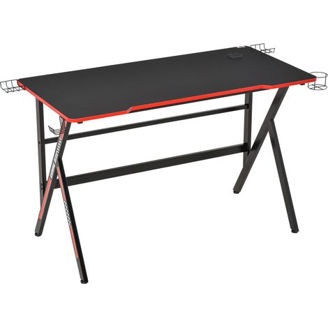 Homcom – Bureau gamer MDF 120x60x76cm – Châssis métal Y – Multi-rangements avec support casque et porte-gobelet – Noir, Rouge (1/5)