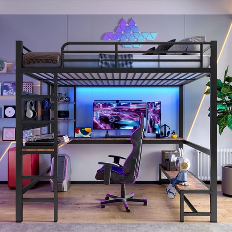 Lit mezzanine 140x200cm - lit enfant avec structure en fer, bureau, échelle, étagères, prises USB et Type-C - LED - noir (1/5)