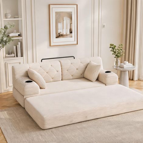 Canapé convertible 2 places en velours côtelé beige lin 168 cm (1/5)