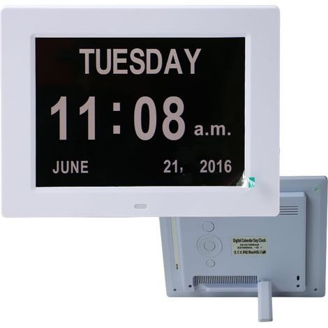 Reloj digital LCD de 8" con calendario y fecha, con fecha, día y hora  Reloj para Alzheimer  Reloj para personas mayores, ideal para padres (blanco)