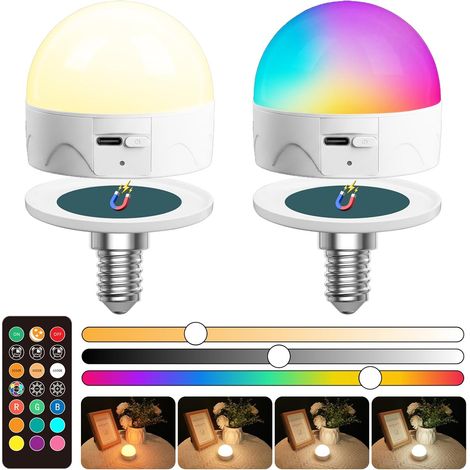 Ampoule Rechargeable avec Telecommande E14, RGB+3 Températures de Couleur+1800K Mode nuit Dimmable, USB C Ampoule Sans Fil pour le camping, la chevet et l’éclairage de secours(Lot de 2) (1/5)