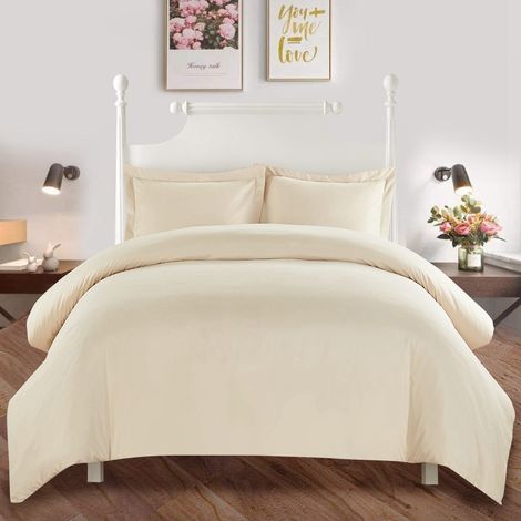 Ensemble de couette bleue pour lit simple, double, queen ou king, en coton imprimé, doux et simple (beige, taille queen américaine) (1/5)