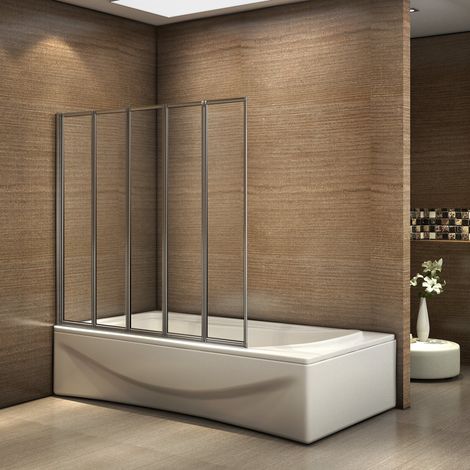 120x140cm Parete Vasca Da Bagno 5 Ante Pieghevole a Libro Vetro Temperato Trasparente 4mm, Telaio Cromato Lucido