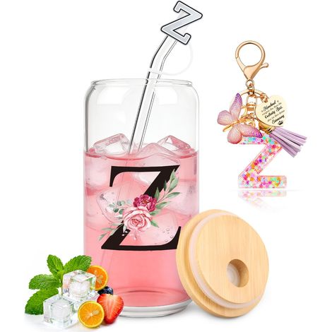 Tasse en verre avec lettre Z avec couvercle et paille, cadeaux personnalisés pour les femmes, pour un anniversaire, Noël, la Saint-Valentin (1/5)