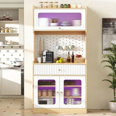 Meuble de Rangement étagères réglables tiroirs intégrés éclairage LED verre structuré coloris naturel (1/5)