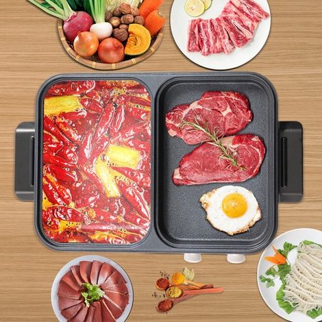 Portable Electric 2 in 1 Hot Pot Barbecue Grill Non-Stick Teppanyaki Pan Cooker (1/5)