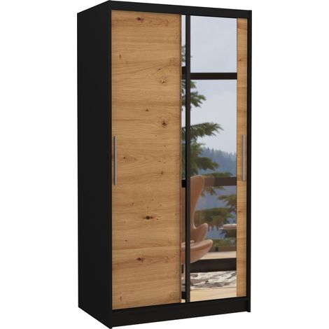 Les Tendances – Armoire noire 2 portes coulissantes bois artisan – Miroir intégré – Dimensions L 100 x H 200 x P 58 cm – Penderie et étagères réglables (1/5)