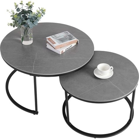 unho Marmor Couchtisch 2er Set, runder Satztische mit schwarz Metallrahmen, moderner Wohnzimmertisch Sofatisch 60 × 40cm / 80 ×40 cm (1/5)