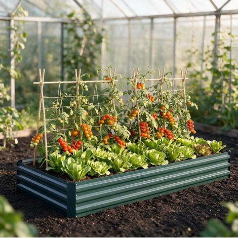 Fioriera rialzata rettangolare in acciaio verde scuro 241 x 90,5 x 30 cm OKWISH (1/4)