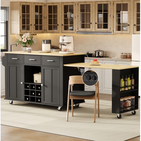 Meuble de cuisine avec plan extensible, 3 tiroirs et roulettes, noir et chêne HAVRYA (1/5)