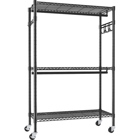 Penderie sur roulettes à 3 niveaux, réglable, avec 2 barres, 2 crochets et roues silencieuses, en métal noir, pour chambre et buanderie – CHICFURN (1/5)