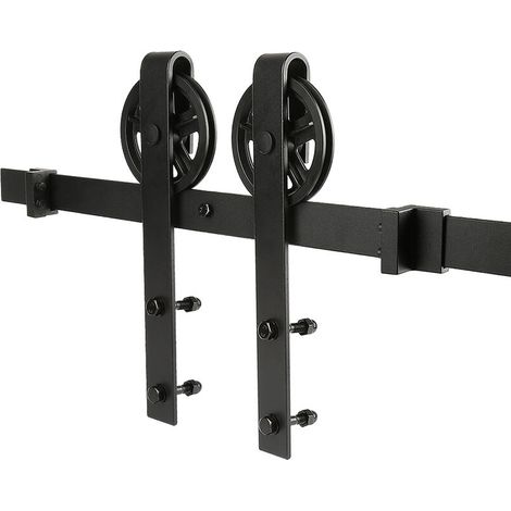 183CM Quincaillerie Kit de Rail pour Porte Coulissante, Ensemble Industriel Hardware Kit pour Porte Suspendue en Bois Système de Porte avec Roulettes et Rail(Grandes Roues) (1/5)