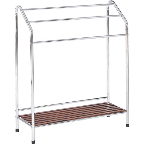 Toallero de metal plateado madera oscura 3 rieles accesorio de pie moderno baño Muriva