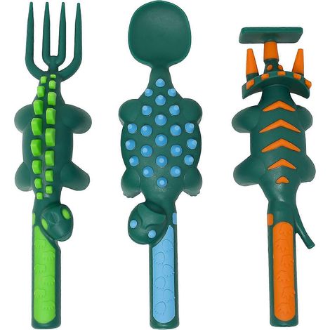 Assiette dinosaure set 3 pièces, couverts enfant fourchette cuillère spatule, vaisselle moulée T-Rex, lot de 3 services repas, ustensiles rigides pour petit déjeuner, coloris assortis, usage quotidien (1/3)