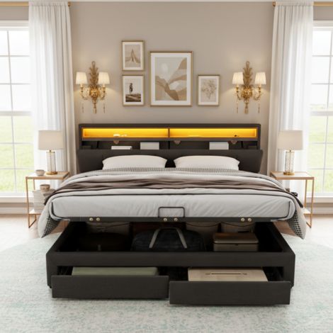 Super King Bed with LED Lighting,Hydraulic Storage,Drawers,Foam Headboard,Steel Frame,Gray Linen Finish (1/5)
