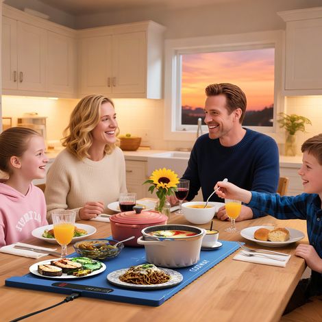 Tapis chauffant alimentaire bleu en silicone avec 6 températures et minuterie, pliable et lavable pour buffet, cuisine et réception (1/2)