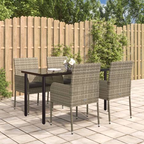 5-tlg. Garten-Essgruppe mit Kissen Schwarz und Grau Poly Rattan