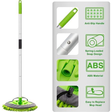 Brosse de lavage auto avec manche télescopique,157 cm,Tête de brosse rotative à 180°,Convient aux voitures,camping-cars et camions,Verte (1/5)