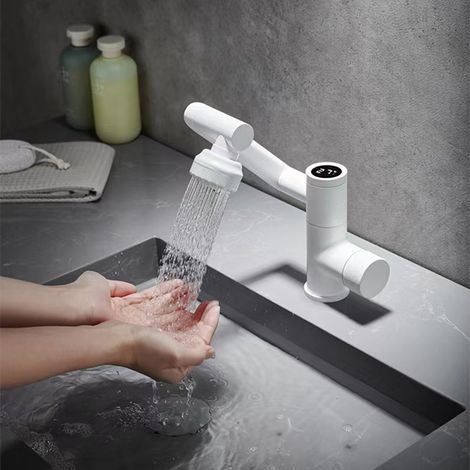 Gunmetal basin faucet, multi-functional, universal rotating, intelligent digital display, hot and cold water faucet for bathroom vanity - milky white version