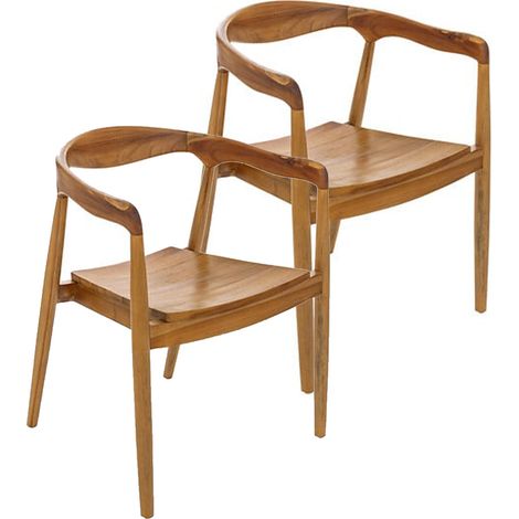 Lot de 2 chaises style fauteuil en teck naturel, coloris marron - Longueur 57 x Profondeur 61 x Hauteur 77 cm (1/5)
