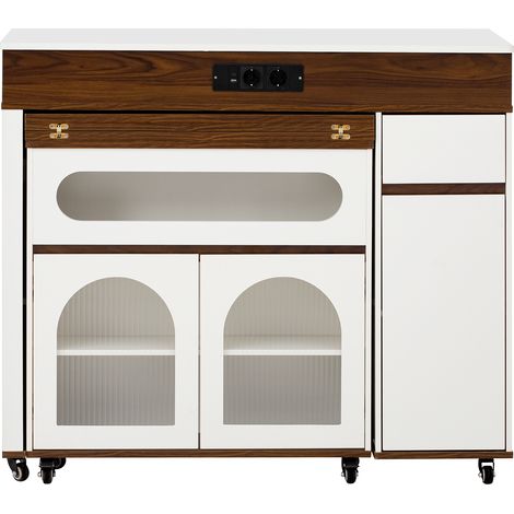 Table de cuisine avec roulettes et rallonge, buffet blanc avec plateau couleur noyer et prise électrique intégrée (1/5)