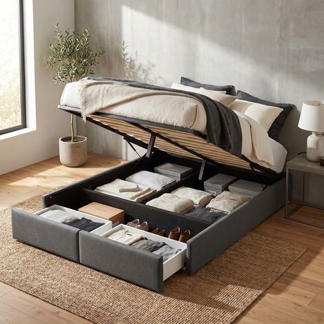 Letto contenitore 160x200 cm senza testiera, con 2 cassetti, letto matrimoniale in tessuto lino, grigio