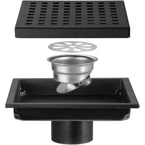Caniveau de douche Siphon de Sol Siphon De Sol en Acier Inoxydable Salle De Douche Salle De Bain Grand Déplacement Treillis Carré Déodorant Siphon De Sol (Color:noir, Size : 15 x 15cm)- (1/5)