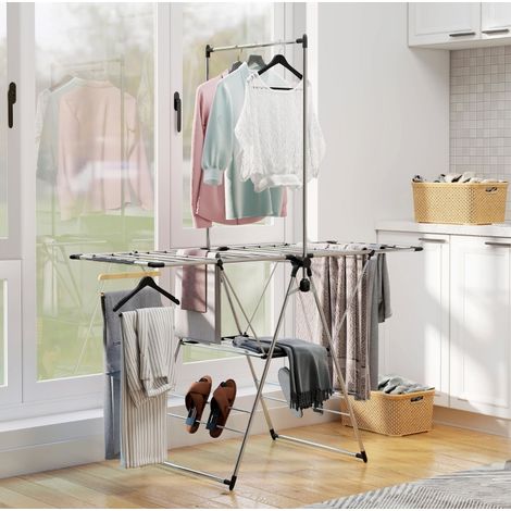 Tendedero plegable de pie, 156,5 x 68 x 192 cm, acero inoxidable, plata OKMYHOME (1/5)