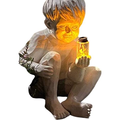 Resin garden figurines, solar fireflies, boy, girl, outdoor decoration, flowers