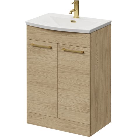Napoli 390 Light Oak 600mm 2 Door Vanity Unit with Arc Basin - 600mm - Brushed Brass 160mm Handle