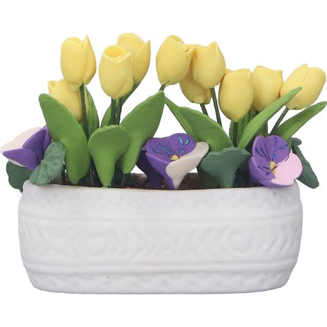 Mini pot de tulipe jaune en argile fleur miniature simulée 1:12 décoration maison de poupée accessoire. (1/5)