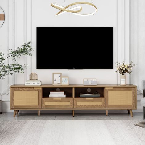 TV-Möbel 200 x 37 x 49 cm Eiche, 2 Türen, 2 Schubladen, Rattan, OKMYHOME (1/5)