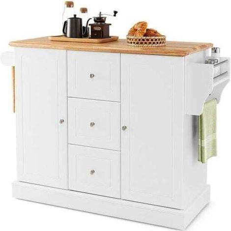 Grand Rangement Desserte de Cuisine Îlot Mobile avec 3 Tiroirs et Étagères Réglables pour Vaisselle et Épices Blanc (1/5)