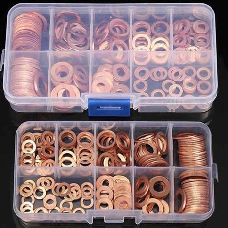 Kit de 200 pièces en cuivre comprenant joints plats, rondelles, écrous et boulons, avec boîte de rangement. (1/4)