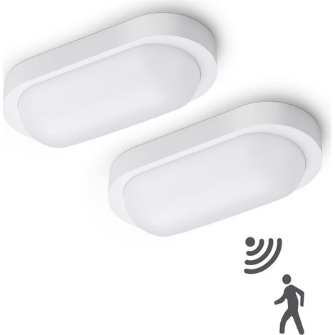 Lot de 2 Plafonnier LED avec Détecteur de Mouvement 12W, 1080LM IP65 Étanche 4000K, Lampe de Cave Ovale pour Couloir, Garage, Escalier, Balcon, Abri Voiture, Blanc (1/5)