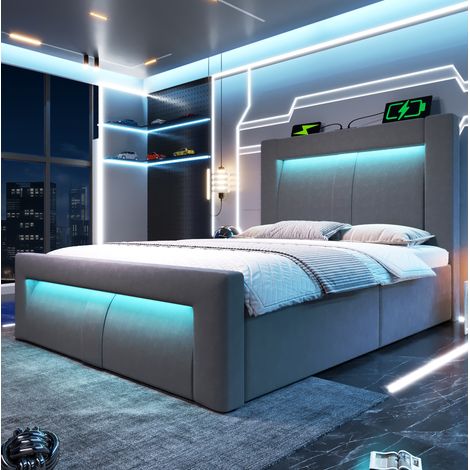Bett 90x200 Bettgestell mit Stauraum LED Grau OKMYHOME (1/5)