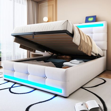 Lit Coffre 90x200cm - Lit Simple 90x200 - Lit Rembourré avec LED Multicolores Connectées et Prises USB - en Lin Beige (1/5)
