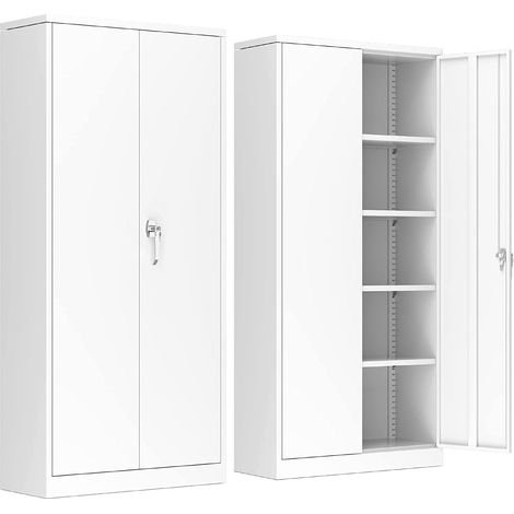 Armoire de Bureau métallique avec 4 Étagères Réglables en Hauteur,Armoire en Acier pour Outils pour Classeur Rangement Documents Industriel Meuble 2 Portes 180 x 80 x 40 cm (Blanc)