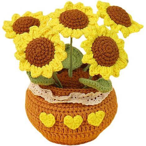 Bouquet de tournesols en pot 5 têtes, décoration florale artificielle en laine tricotée à la main, ornement bureau élégant et chaleureux (1/5)