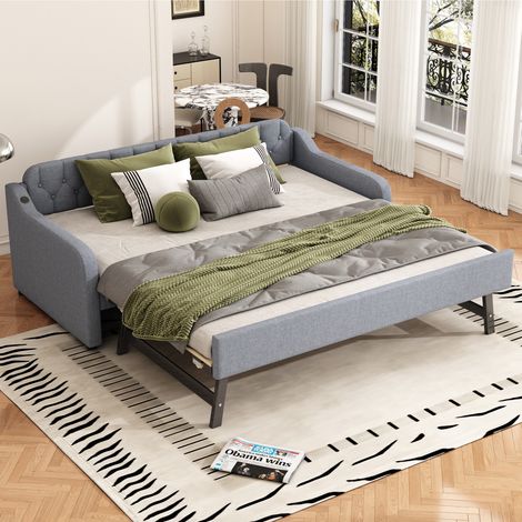Banquette-lit 90/200 cm gris en lin avec lit gigogne et port USB (1/5)