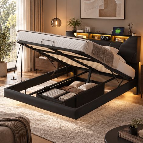 Lit double capitonné 160×200 cm,lumière LED,rangement hydraulique,lit coffre,port USB,tête de lit coffre,cadre de lit 160×200,hauteur de tête de lit réglable,effet flottant,sommier à lattes,PU,Noir (1/5)
