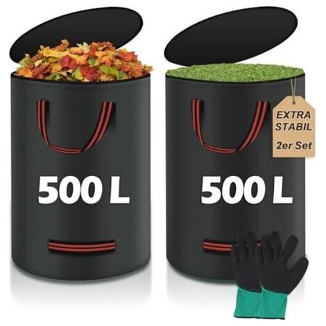 Zwei 500-Liter-Gartensäcke, Laubsäcke, Grünschnittsäcke, robust mit Deckel und Handschuh – große, reißfeste und wasserdichte Säcke für Gartenabfälle und mehr (1/5)