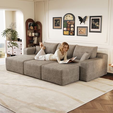 Canapé 241 cm à motif nuage, canapé moderne minimaliste habillé, canapé d'angle confortable en forme de L pour salon, assise profonde avec angle, sans montage requis, couleur chameau (1/5)