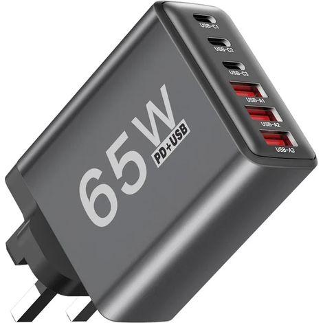 Chargeur USB Newharger 65 W à 6 ports pour charge rapide (normes UE et US) compatible iPhone, Samsung, Xiaomi et Huawei. (1/5)
