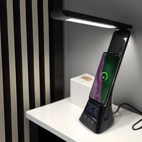 Lampe de bureau soin des yeux avec fonction de charge de smartphone, peut être utilisée comme support de téléphone portable, interrupteur tactile, avec horloge électronique et réveil, trois lumières d (1/5)